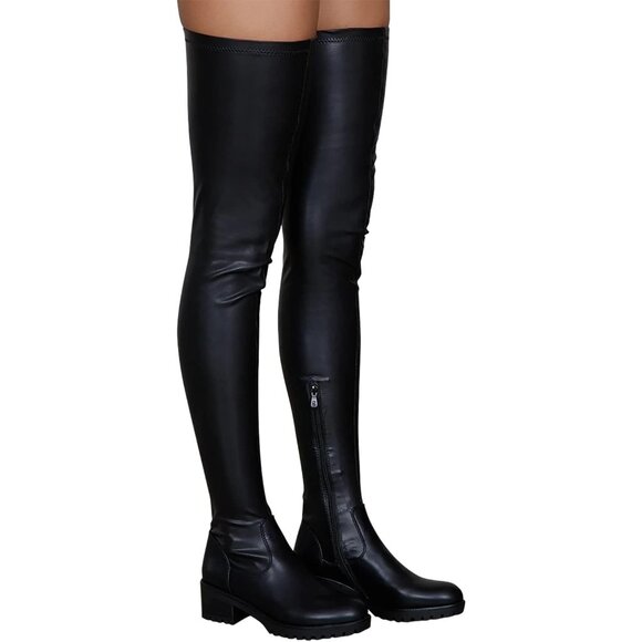 Women's Black Polyurethane Thigh High Over The Knee Rounded Toe Fashion Boots - Picture 3 of 6